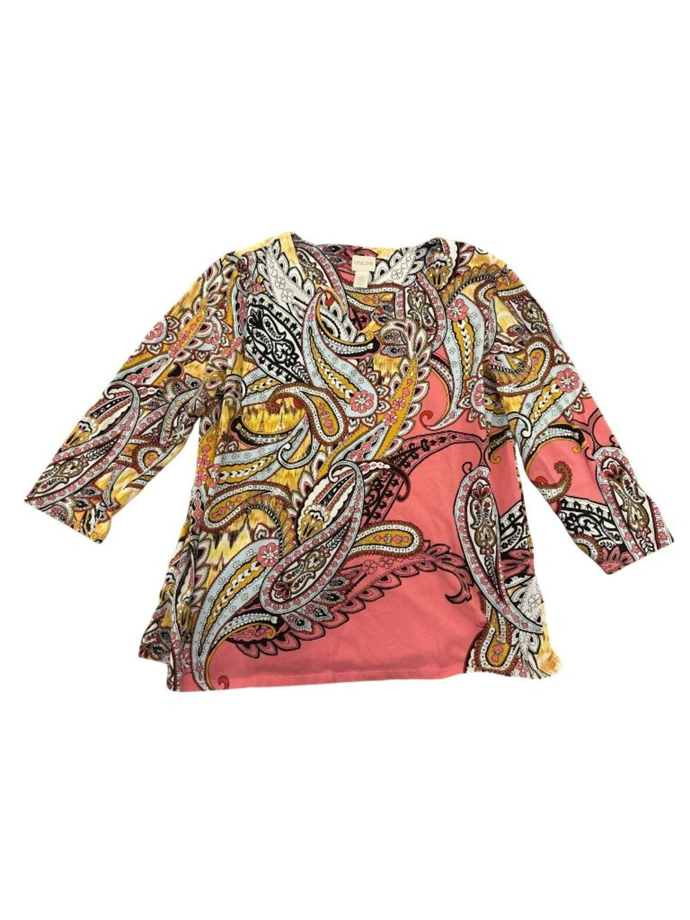 Chicos Womens Paisley Print 3/4 Sleeve Top 2 Med Cotton Blend Boho Wearable Art